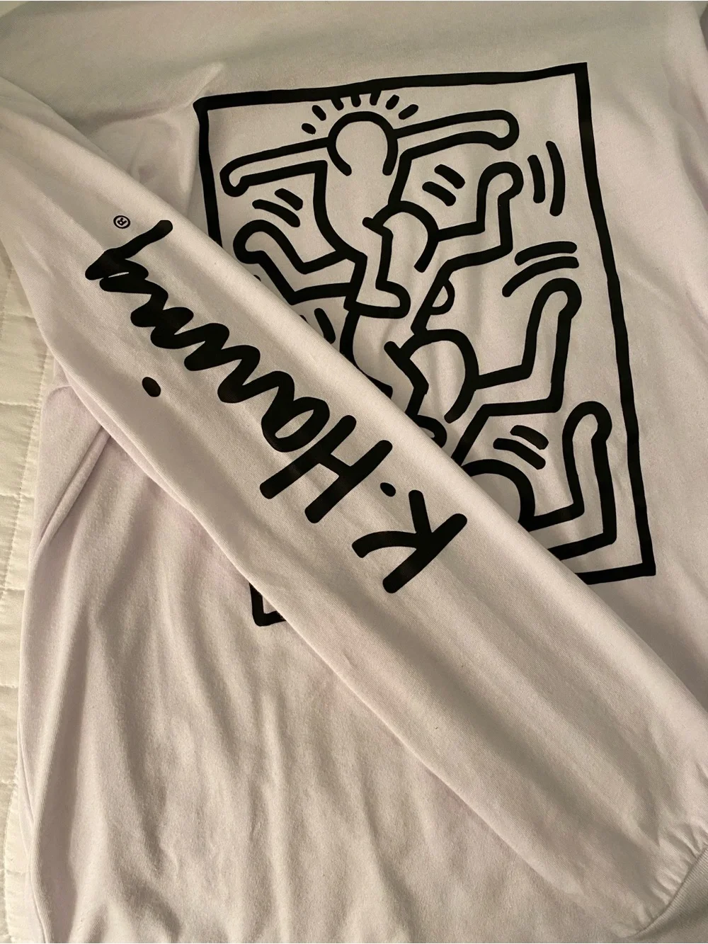 GAP White Long-Sleeve Graphic Tee with Black Keith Haring Motif